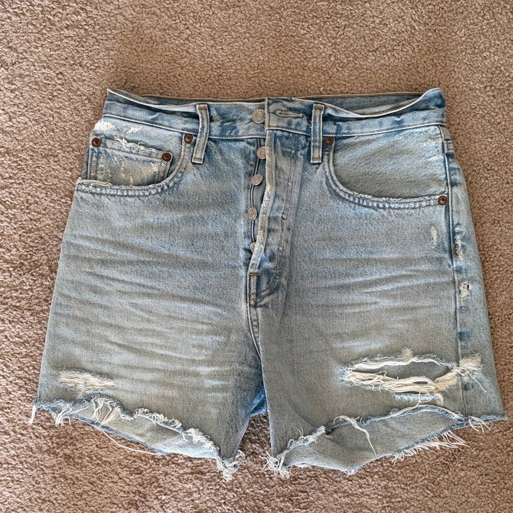 Agolde Light Blue Distressed High-Rise Denim Shorts